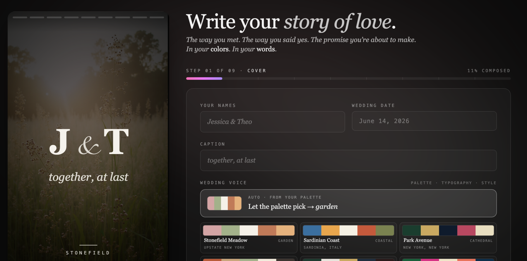 The AfterHue wedding kit composer: a nine-slide story built live from one palette